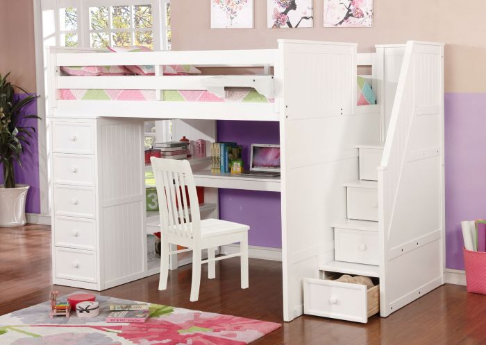 Resort Life Full Size Loft Bed with Desk in Cloud White Summerlin Collection