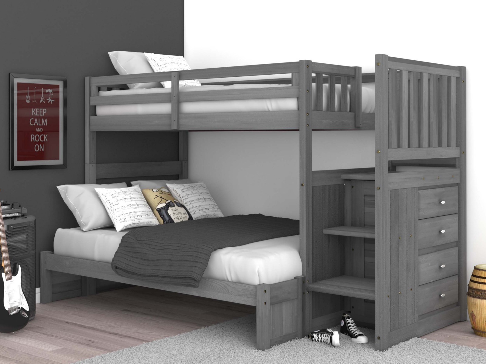 Full Staircase Bunk Bed Charcoal Gray, Discovery Twin Over Full Bunk Bed