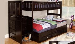 Premium Staircase Twin Over Full Bunk Bed, Espresso Twin Over Full Bunk Bed