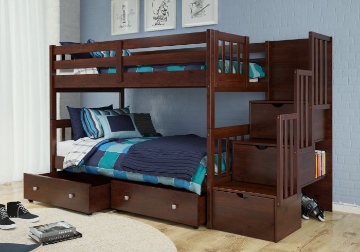 twin over twin bunk beds with stairs and storage