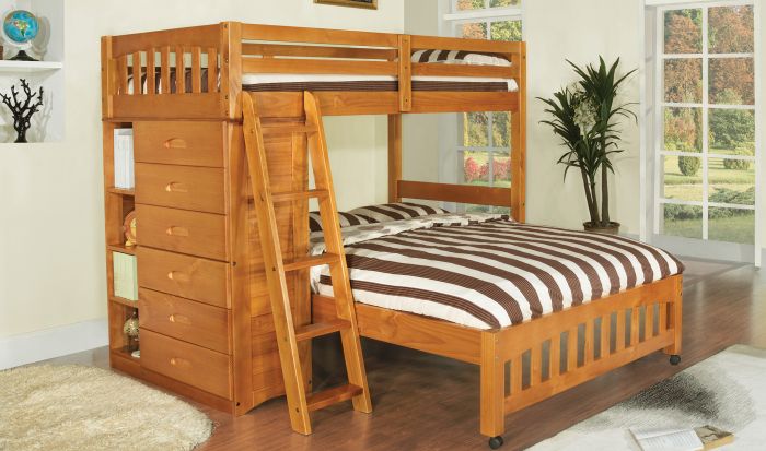 Discovery World Furniture Honey Twin, L Shaped Triple Bunk Bed Twin Over Full