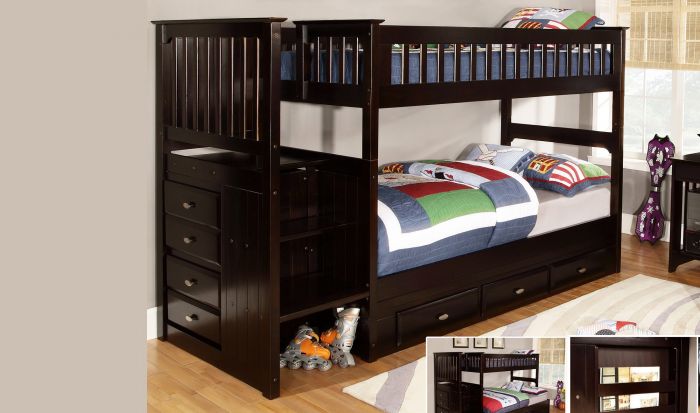 Espresso Staircase Twin Over Bunk Bed, Pierre Twin Over Full Bunk Bed With Storage