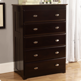 Made from laminated particleboard, the espresso finish gives the dresser a classic look. discovery world furniture espresso 5 drawer chest