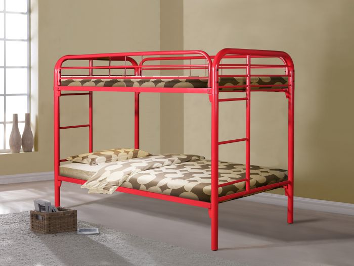 Donco Twin Over Metal Bunk Bed In Red, Metal Bunk Beds Twin Over With Mattresses Included