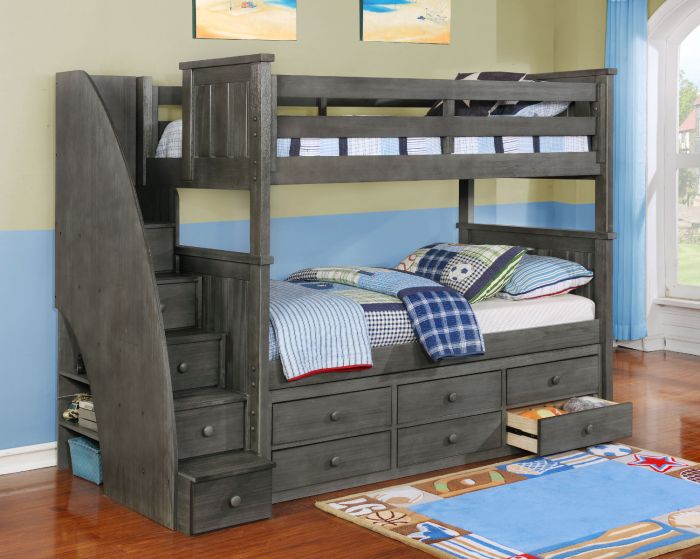 Resort Life Cameron Twin Over Bunk, Grey Twin Over Full Bunk Bed With Storage Stairs