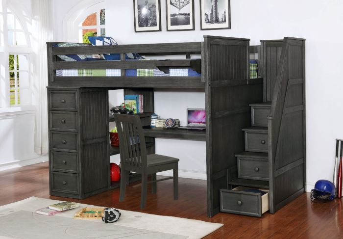 Size Loft Bed With Desk In Washed Grey, Full Size Loft Bed With Desk And Storage Stairs