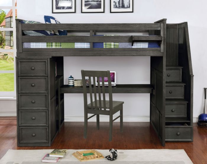 bunk bed with storage stairs and desk