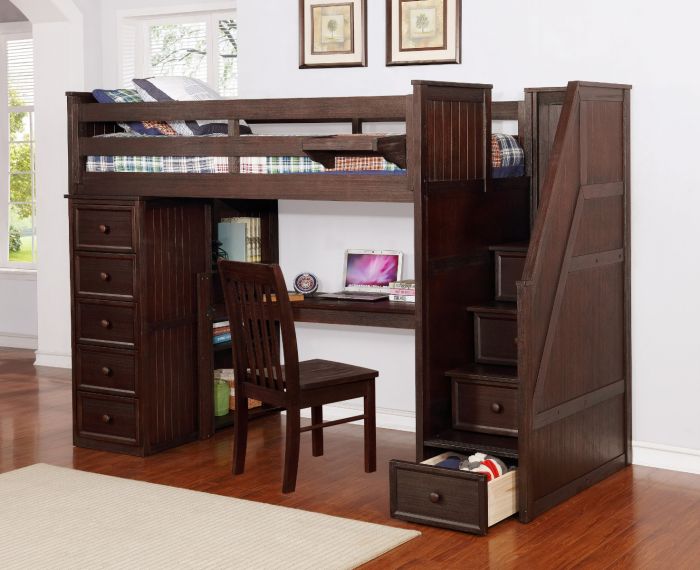 wooden loft bed with stairs