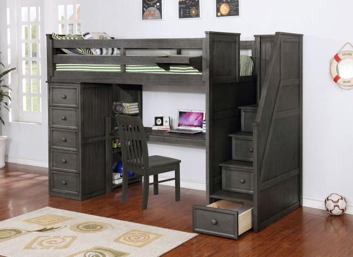 Resort Life Twin Size Loft Bed With Desk In Washed Grey Summerlin Collection