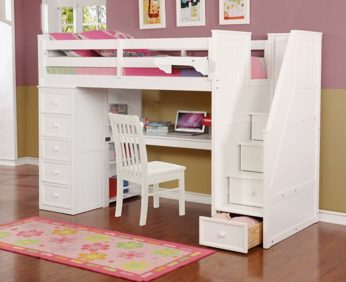 Resort Life Twin Size Loft Bed With, White Bunk Bed With Desk And Stairs